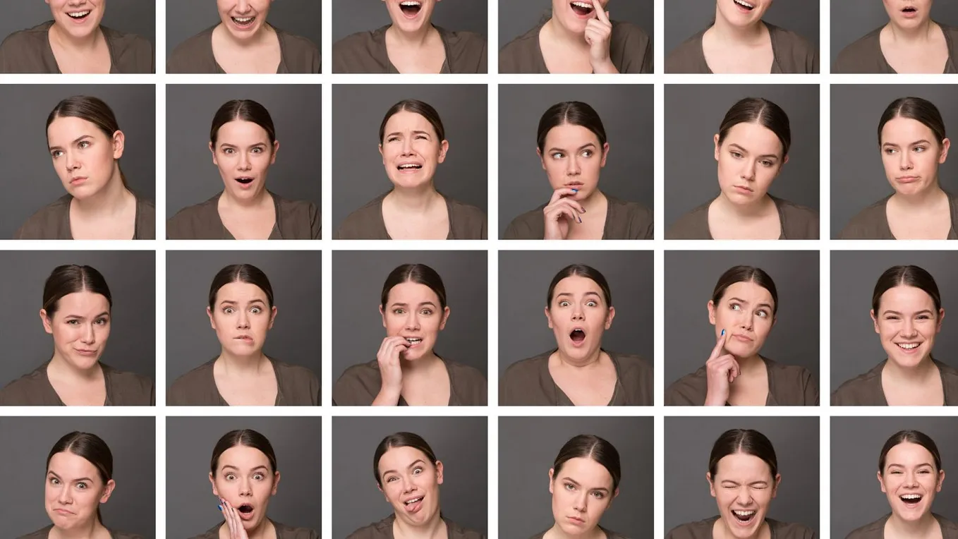 A woman displaying a range of facial expressions, showcasing emotions from joy to surprise and contemplation.