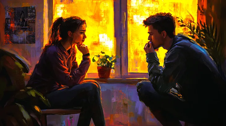 A digital painting of a young man and woman deeply engaged in conversation by a window, bathed in the warm, golden glow of sunset. The man listens intently while the woman speaks, both silhouetted against the radiant light that fills the room.