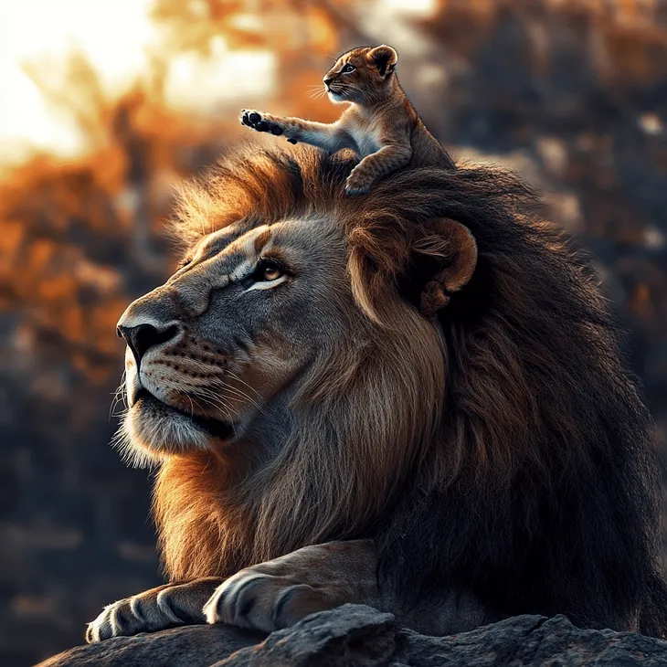 A small cub pointing in a direction and getting the large lion to look that particular way