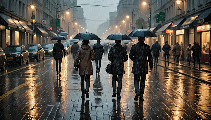 People with umbrellas walking on rainy street at night