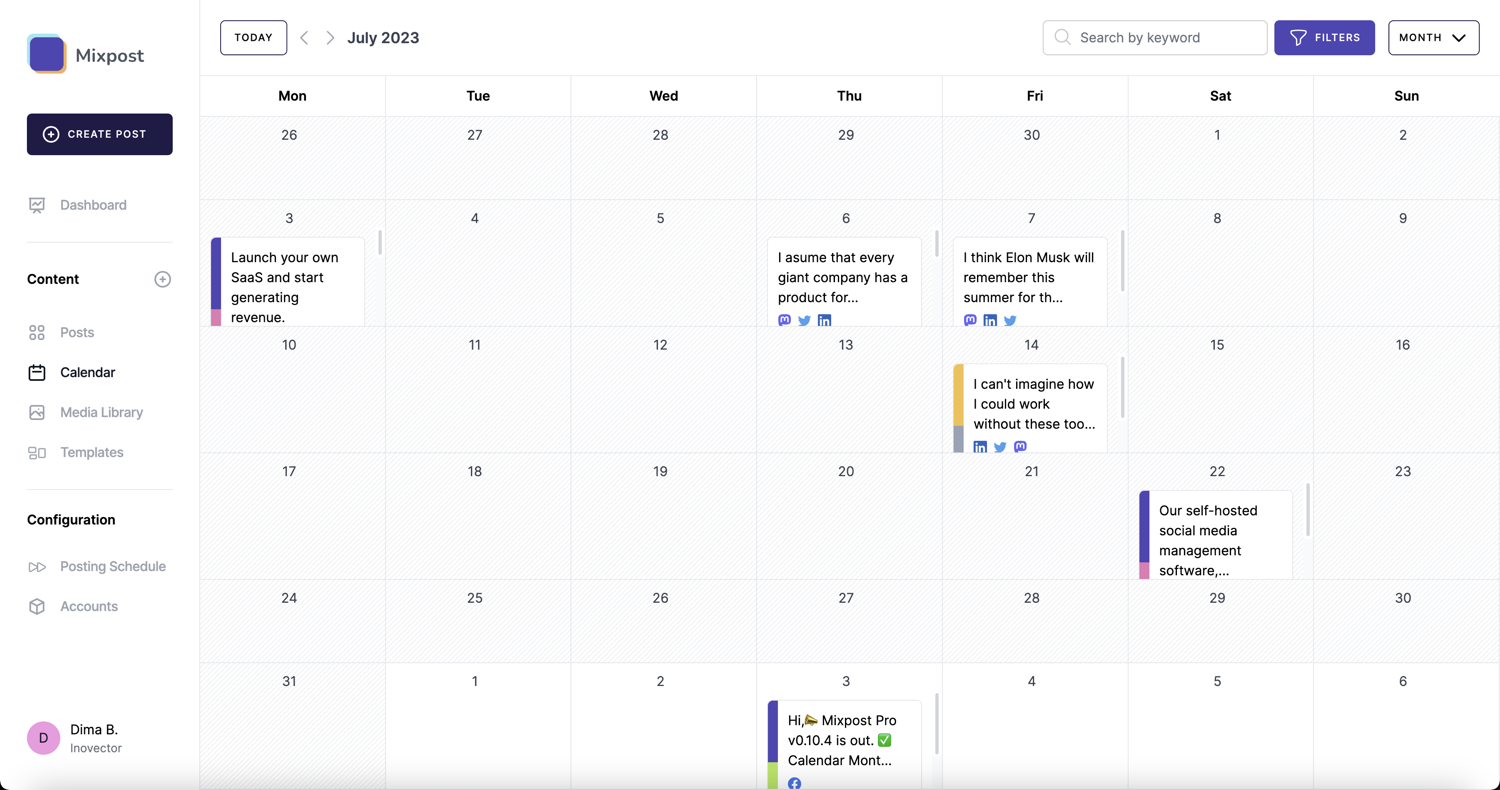 View of the 'Monthly Calendar' scheduling feature in Mixpost, the self-hosted content planner, illustrating a user-friendly interface for managing posts over the month.