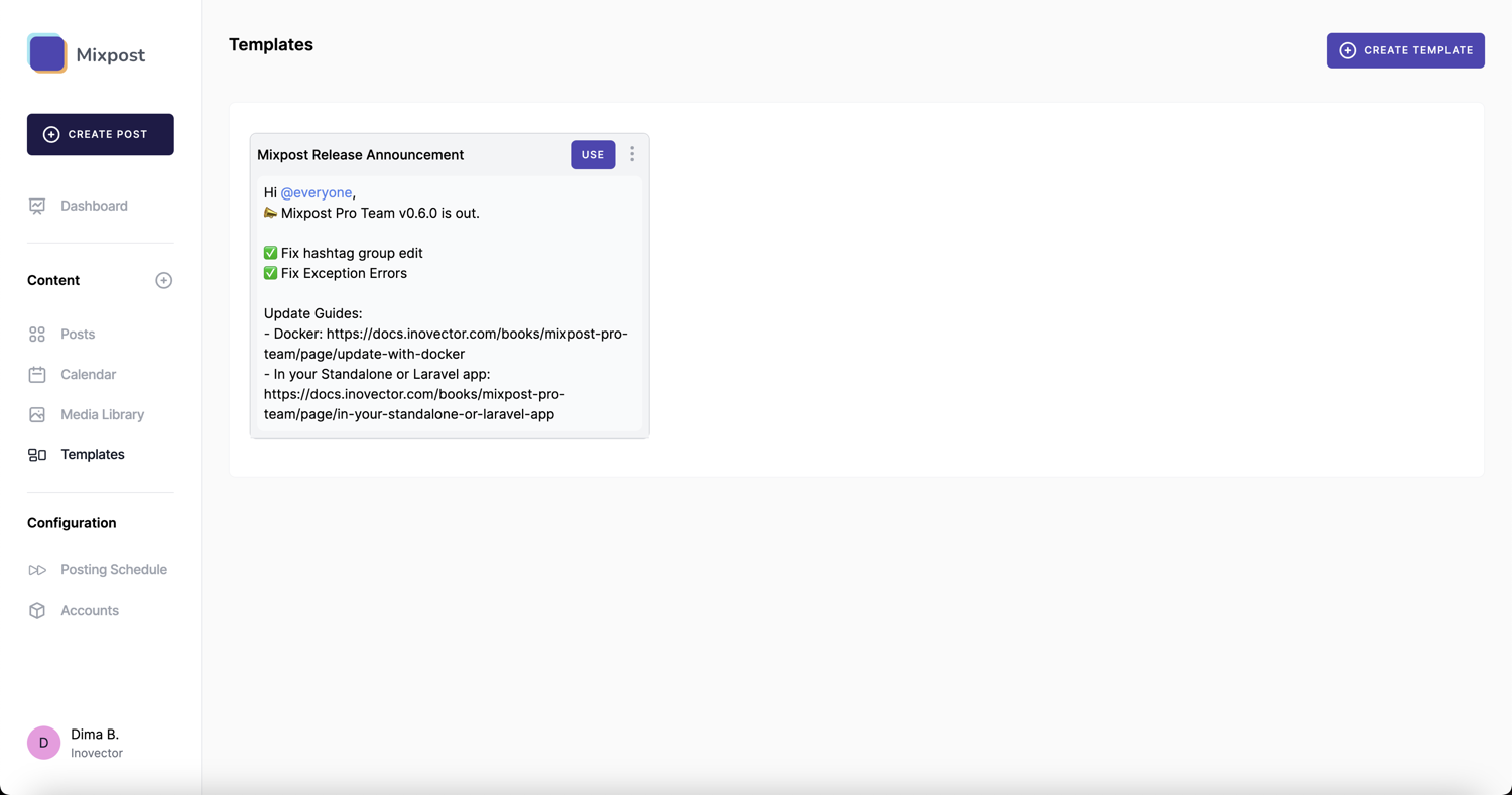 Screenshot of the 'Templates' section in Mixpost, demonstrating how users can utilize and customize pre-designed templates in this self-hosted social media tool.