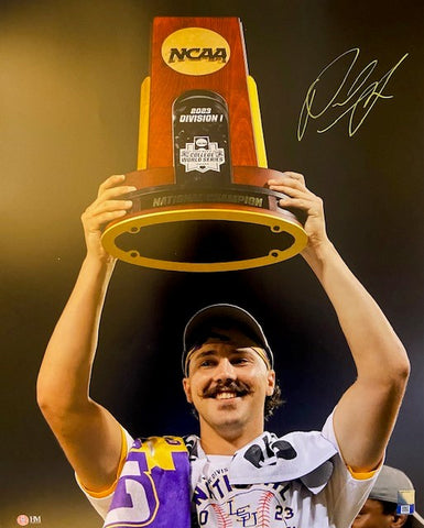 Paul Skenes Autographed 16x20 - LSU Holding Trophy (Presale)