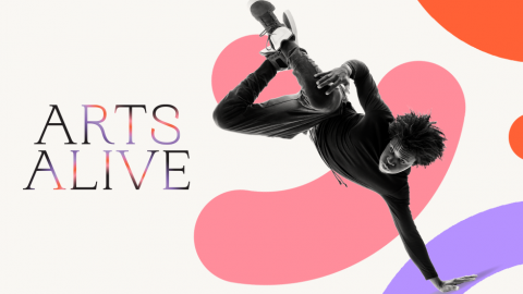 A person breakdancing against a colourful background with the words "Arts Alive" beside them.