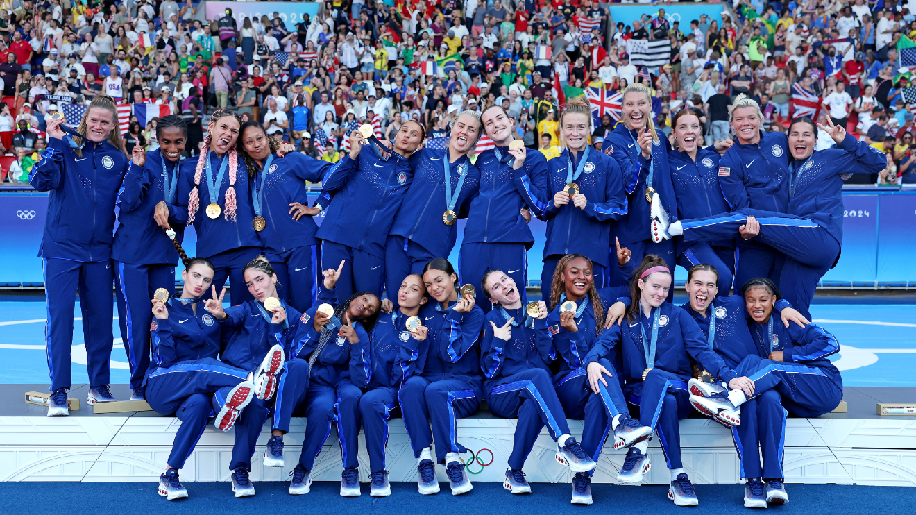 The U.S. women's soccer team celebrates after winning the gold in the Paris 2024 Olympics.