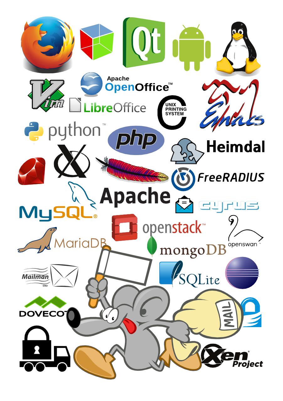 This is just a subset of free and libre open source software projects that are protected: Android Apache OpenOffice Apache webserver CUPS Eclipse GNU_Compiler_Collection GTK+ GnuPG LibreOffice Mariadb Mozilla Firefox MySQL PHP-logo Python Qt-logo Ruby_logo SQLite Tux Vimlogo X.Org Xen_project cyrus cyrus cyrusz dovecot emacs exim freeradius gnutls heimdal mailman mongodb openstack openswan postfix