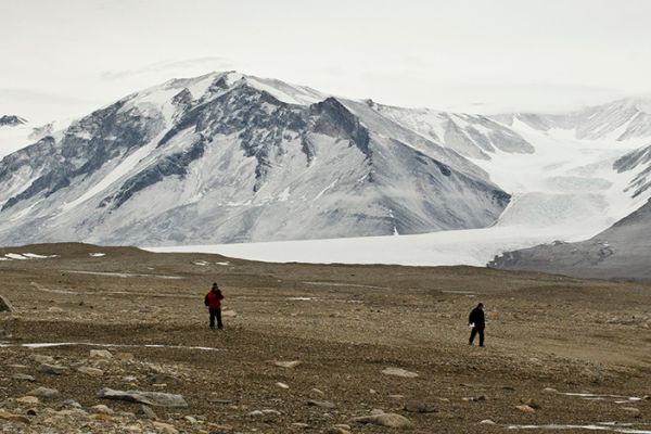 Several U.S. Antarctic Program participants explore Taylor Valley in the McMurdo Dry Valleys, one of the very few regions in Antarctica largely devoid of ice.