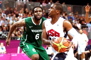 Ike Diogu guarding Chris Paul during Nigeria's 83-point loss in the Olympics.