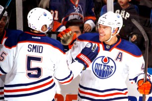 Taylor Hall celebrates his second goal in 8 seconds