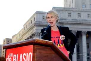 Cynthia Nixon speaks at a 'Get Out the Vate' rally with women for de Blasio November, 2013