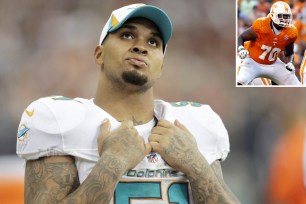 Mike Pouncey joked about hazing new Dolphins teammate Ja'Wuan James (inset) during the NFL Draft on Thursday night.