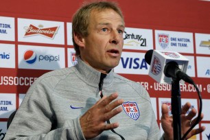 United States soccer coach Jurgen Klinsmann speaks at a news conference for the World Cup soccer tournament.