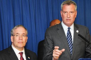 That's what "progressive" means: Mayor de Blasio (here with Comptroller Scott Stringer) is upset that wealthy NYC gets less state money than harder-off Empire State areas.