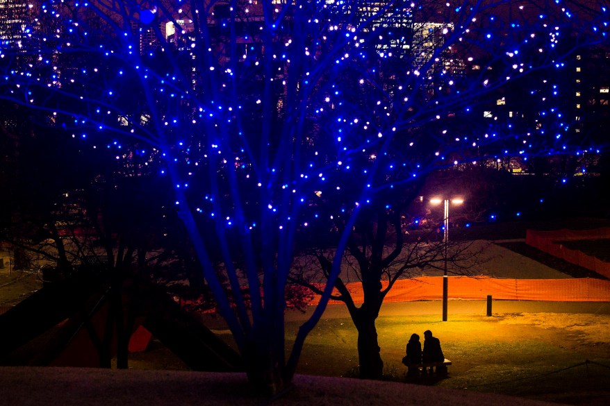 A couple sits under a street lamp in a park near Christmas lights in central Tokyo, December 12, 2014. REUTERS/Thomas Peter (JAPAN - Tags: SOCIETY TPX IMAGES OF THE DAY)