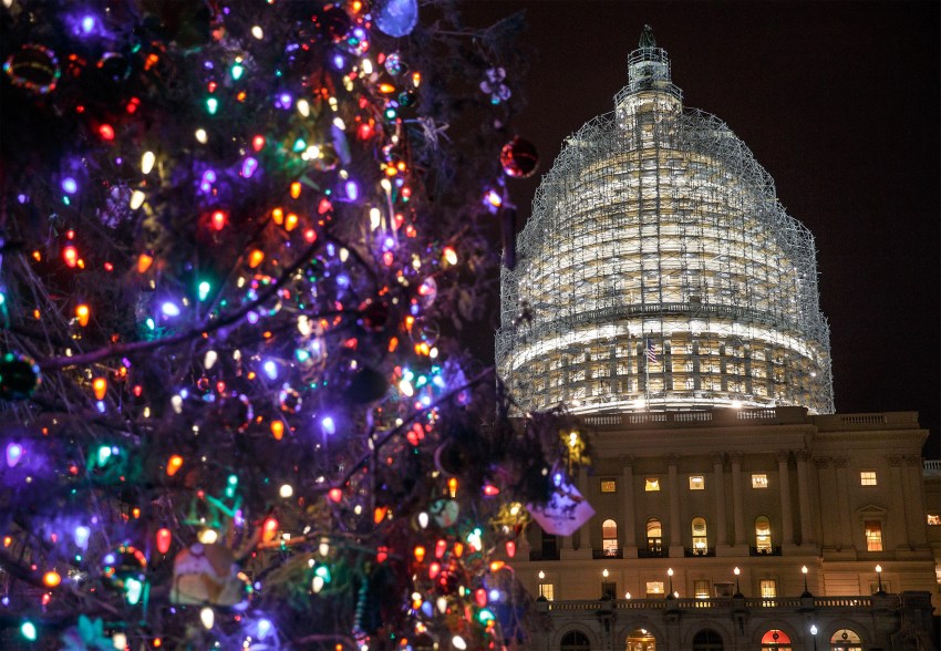 The Capitol Dome and the Capitol Christmas Tree are illuminated late Thursday evening as Congress works to pass a $1.1 trillion U.S. government-wide spending bill and avoid a government shutdown, in Washington, Thursday, Dec. 11, 2014. The Obama White House and House Republicans joined forces Thursday to pass the funding bill over clamorous protests from Democrats objecting that it would roll back bank regulations imposed in the wake of the economic near-meltdown of 2008. (AP Photo/J. Scott Applewhite)