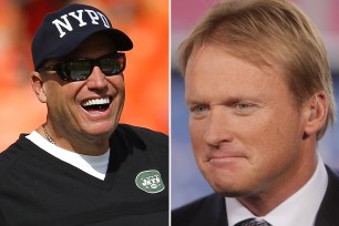 Jon Gruden (right) questioned the Jets' decision to fire coach Rex Ryan.