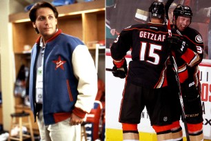 Emilio Estevez in "The Mighty Ducks" and the actual Ducks celebrating their Game 5 win on Monday night.