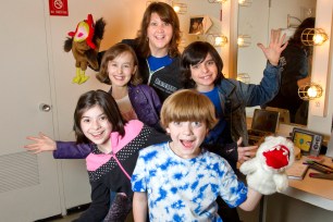 Backstage at "Fun Home," guardian Vanessa Brown goofs around with (clockwise from bottom left) Gabby Pizzolo, Sydney Lucas Oscar Williams and Zell Steele Morrow.