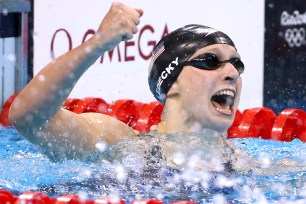 Katie Ledecky celebrates after winning gold in the Women's 400m freestyle.