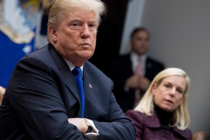 President Donald Trump and US Secretary of Homeland Security Kirstjen Nielsen meeting with Republican members of the Senate about immigration at the White House in January, 2018.