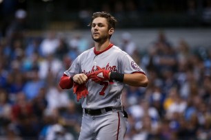 Trea Turner of the Washington Nationals walks across the field in the fourth inning against the Milwaukee Brewers on July 23.