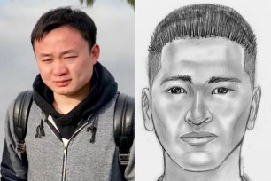 Victim Ruochen "Tony" Liao and a sketch of the suspect