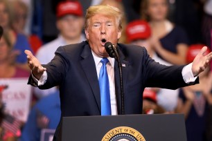 President Donald J. Trump singles out the media during his rally on August 2, 2018 at the Mohegan Sun Arena at Casey Plaza in Wilkes Barre, Pennsylvania