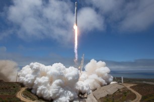 A SpaceX Falcon 9 rocket takes off from Space Launch Complex 4E at Vandenberg Air Force Base in California.