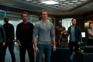 Jeremy Renner, Don Cheadle, Robert Downey Jr., Chris Evans, Karen Gillan, the character Rocket, voiced by Bradley Cooper, Paul Rudd and Scarlett Johansson in a scene from “Avengers: Endgame.”