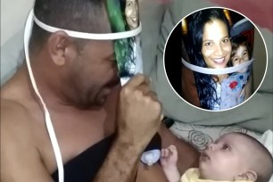 Desperate dad ‘breastfeeds’ with photo of mom over face