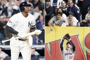 Didi Gregorius' bid for a three-run homer in the fifth inning comes up just short as Josh Reddick catches his fly ball at the wall.