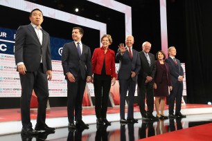 Democratic presidential candidates from left to right: Andrew Yang, Pete Buttigieg, Elizabeth Warren, Joe Biden, Bernie Sanders, Amy Klobuchar and Tom Steyer.