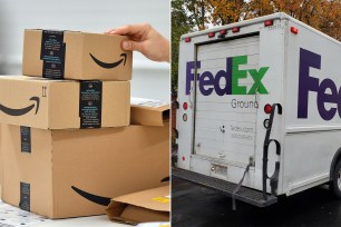 Amazon packages and FedEx truck