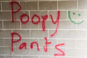 "Poopy pants" spray painted on a wall