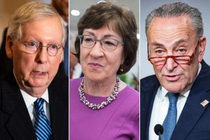 Susan Collins (center), Mitch McConnell (left) and Chuck Schumer