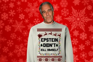 Epstein's head on a sweater that reads 'Epstein didn't kill himself'