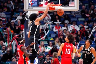 Jarrett Allen slams one home during the Nets' win over the Pelicans on Tuesday night.