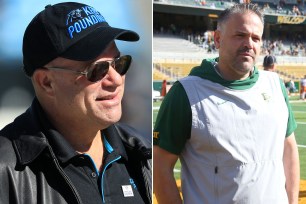 Carolina Panthers owner, David Tepper looks on before a game against the Tennessee Titans; Baylor head coach Matt Rhule stands on the field before an NCAA football game.