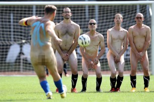 A player kicks a free kick during the 3rd Naked Football match in Germany at Stimberg-Stadion at on August 16, 2020