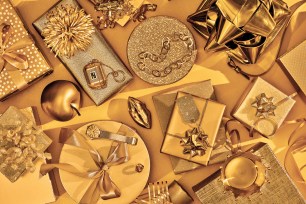 Composite image of golden luxury products, including jewels, watches and trinkets.