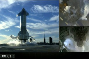 views of SpaceX's futuristic Starship just after an automatic engine abort occurred with just 1.3 seconds remaining in the countdown to liftoff of its first high-altitude test flight