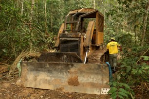 A member of the Chico Mendes Institute for Biodiversity Conservation (ICMBio) walks next a tractor used for deforestation at the National Forest Bom Futuro in Rio Pardo, Rondonia State, Brazil, September 13, 2019.