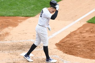 Aaron Judge reacts during the Yankees' loss to the Rays today.