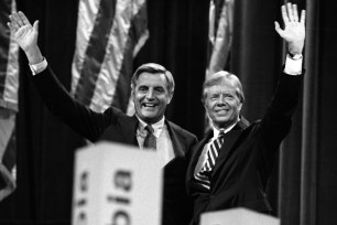 Walter Mondale, left, and Jimmy Carter attend the Democratic National Convention on August 14, 1980.