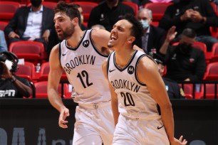 Landry Shamet (right) celebrates during today's Nets game.