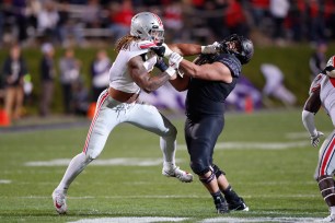 NFL Draft prospect Rashawn Slater goes up against NFL star Chase Young in 2019.