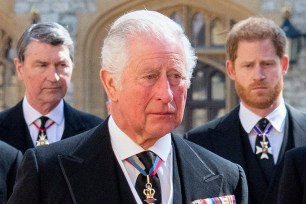 Prince Charles, Prince Harry, Vice Admiral Tim Laurence attending the funeral of Prince Philip.