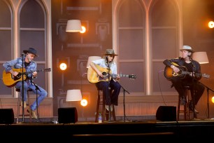 Jon Randall, Miranda Lambert, and Jack Ingram rehearse onstage for the 56th Academy of Country Music Awards at the Ryman Auditorium on April 16, 2021 in Nashville, Tennessee.