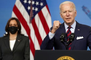 U.S. President Joe Biden speaks in the Eisenhower Executive Office Building in Washington, D.C.