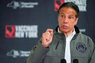 Gov. Andrew Cuomo speaks during a news conference, at the pop up vaccination site at Belmont Park in Elmont, New York, U.S., April 14, 2021.